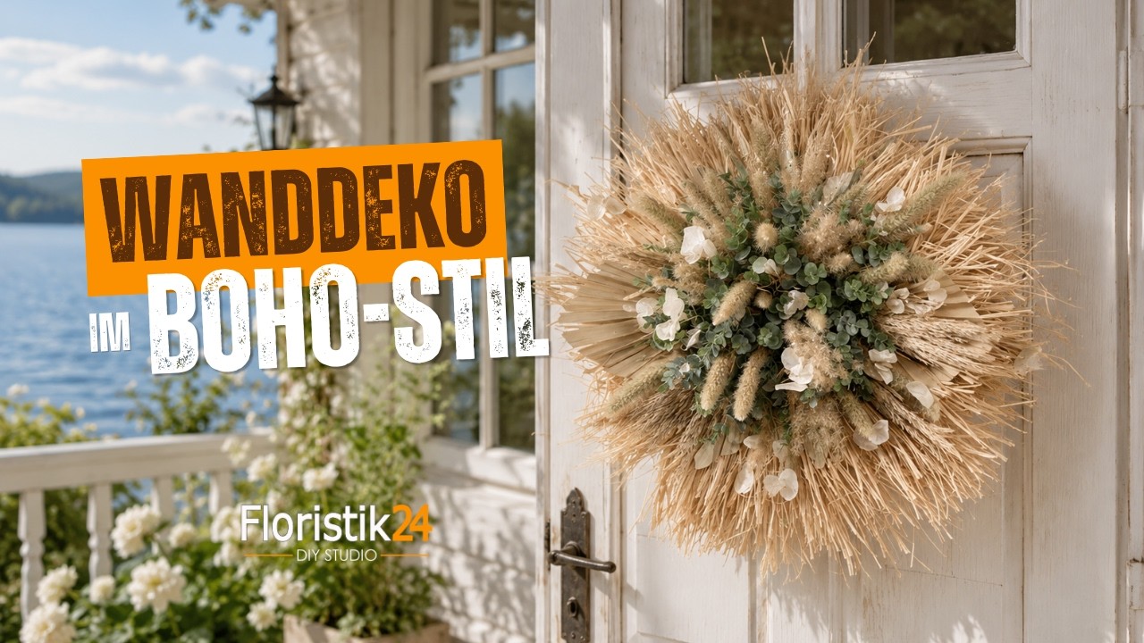 Wanddeko im Boho-Stil selber machen Eukalyptus, Trockenblumen und wilde Gräser Wohnzimmerdekoration