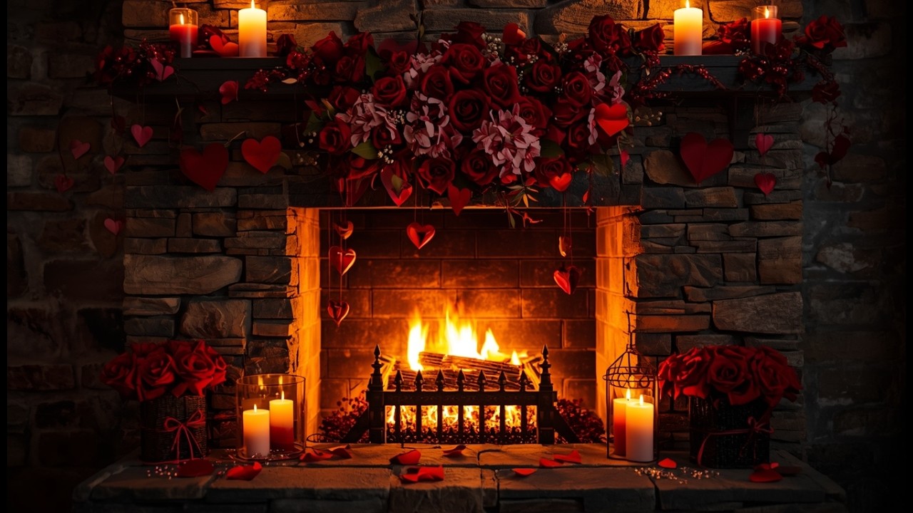 Romantic Stone Fireplace ❤️ Valentine’s Night Ambience with Roses & Candlelight | 3 Hours TV MOOD