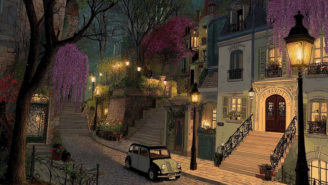 Outside the window in the 1940s, oldies music plays softly from another room (Front yard ambience)