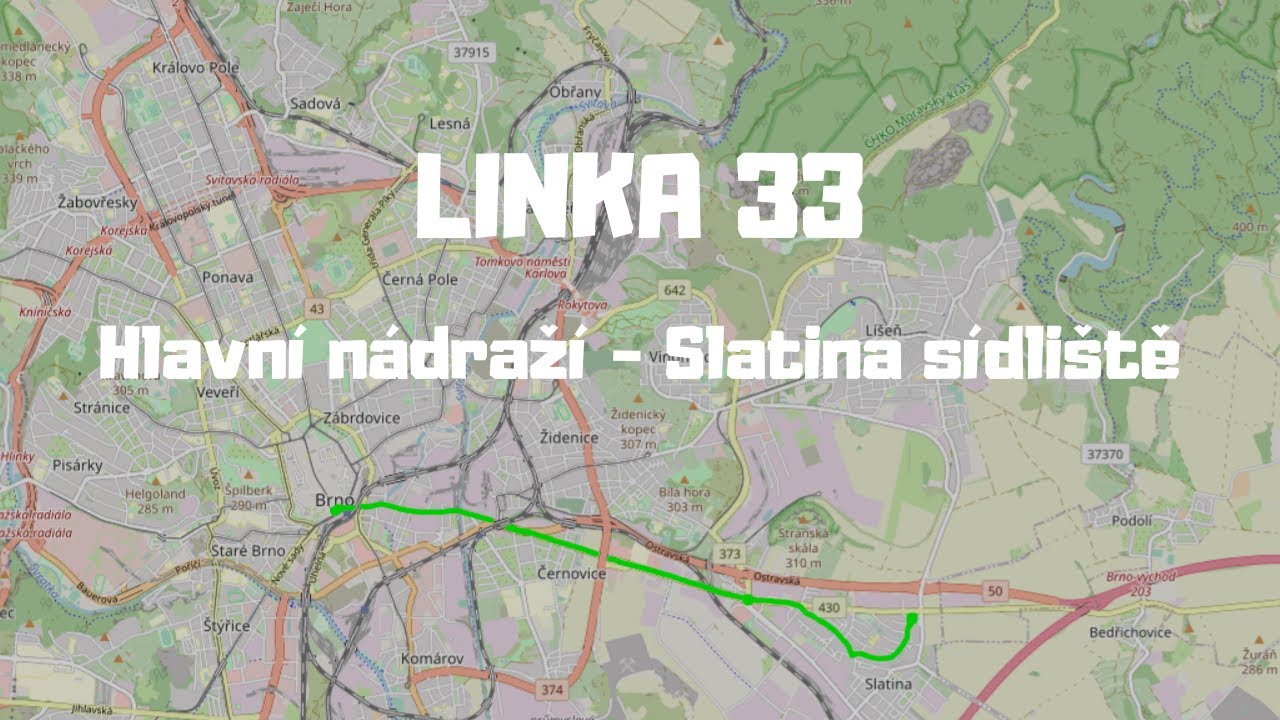 [Brno] Linka 33 | Hlavní nádraží - Slatina, sídliště | pohled zepředu | celá linka