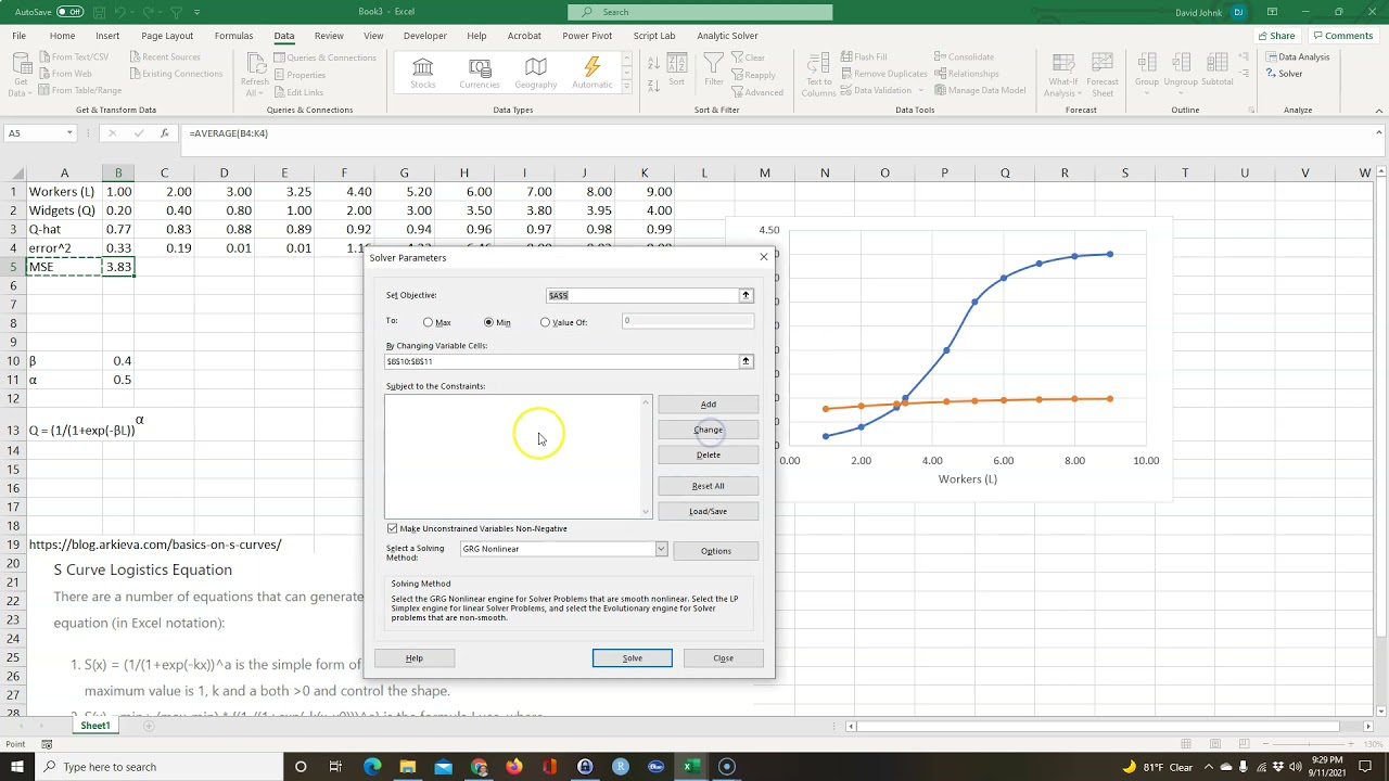 How to fit an equation to data using Excel Solver
