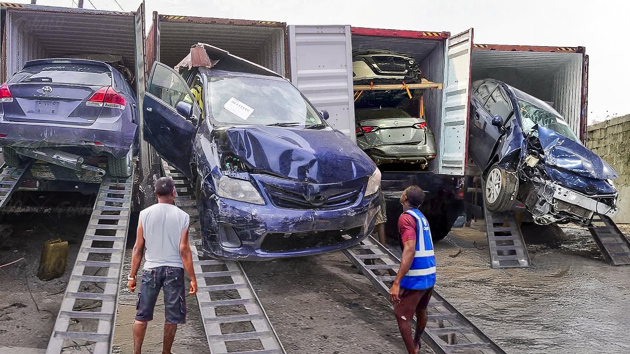 Risky Way They Unload Cheapest Wrecked Cars in Africa