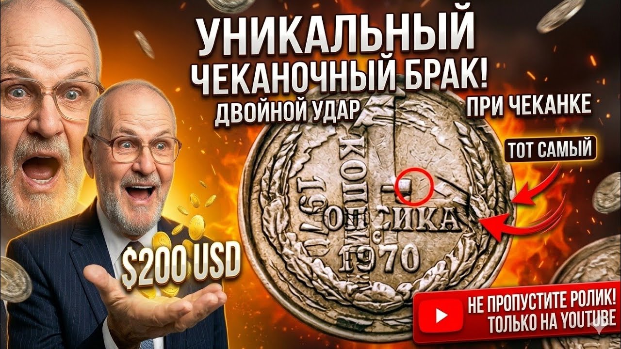 1 копейка 1970 года с мощнейшим двойным ударом со смещением — один из самых зрелищных браков СССР,