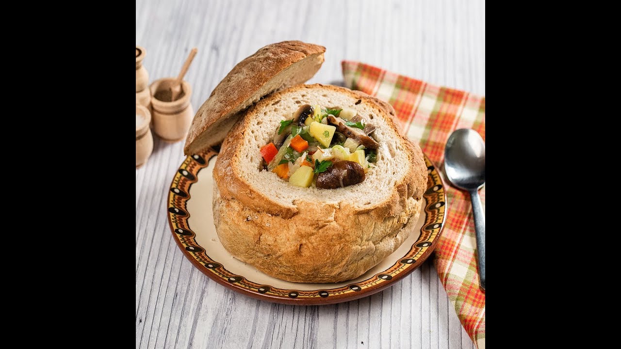 Mushroom Soup Served in Bread Bowl