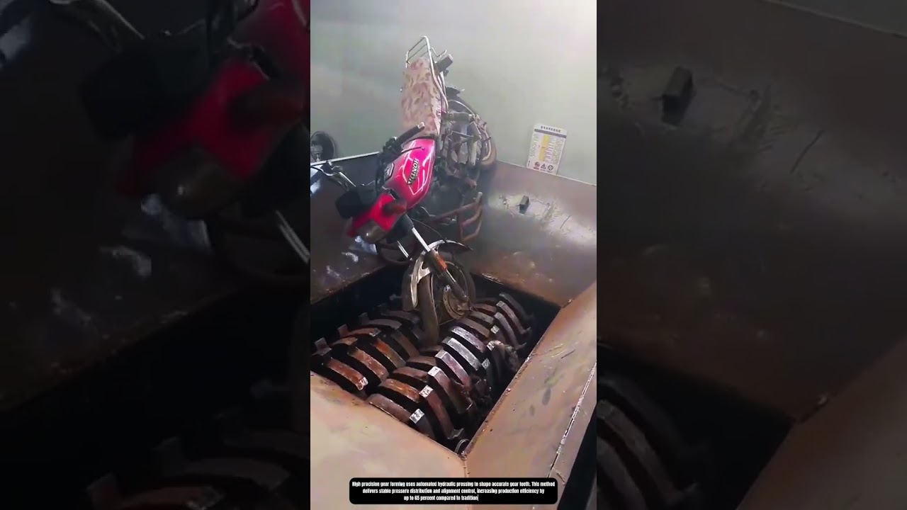 Процесс промышленного измельчения металла с использованием мощного двухвального измельчителя.