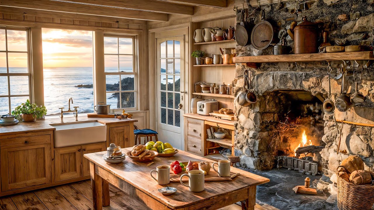 Seaside Cottage Kitchen Morning | Fireplace, Ocean View & Sunrise Ambience
