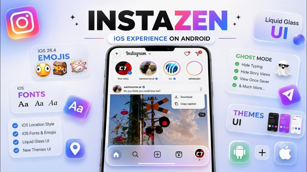 InstaZen v8 🔥 New Features | Liquid Glass + iOS Emojis & Fonts & iOS location 