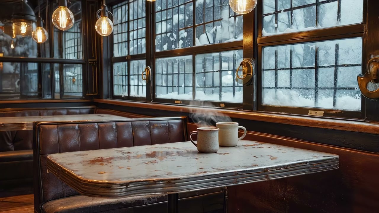 Winter Coffee Shop Ambience ☕ Hot Coffee, Soft Jazz & Falling Snow | Daytime Café