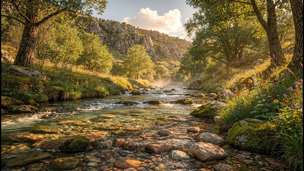 Crystal Clear Mountain Stream 🌿 Relaxing Water Sounds in a Blooming Wildflower Valley