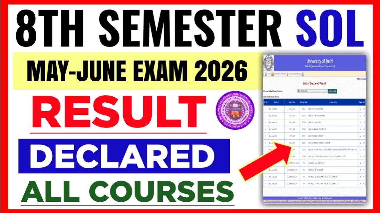 DU SOL 8th Semester Result Declared May June Exam 2026 | SOL Result Declared 8th Semester 2026