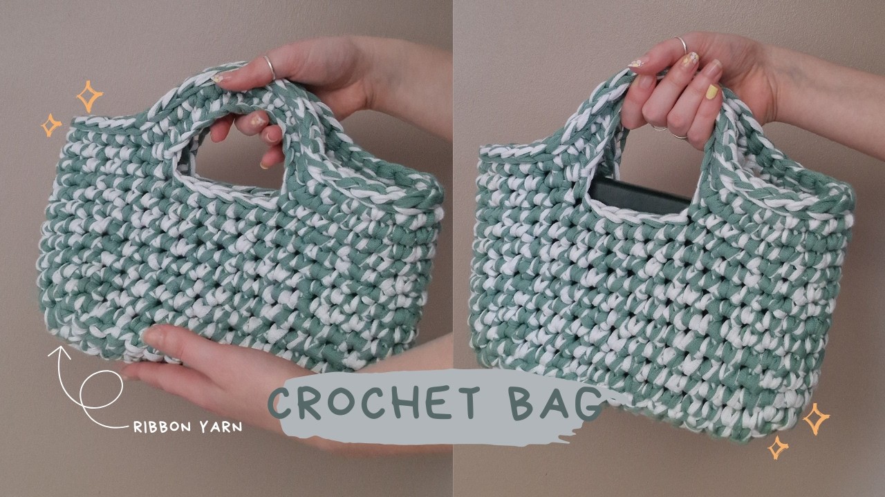 How to crochet a small ribbon yarn bag 👜 (Eng, Fr subtitles)