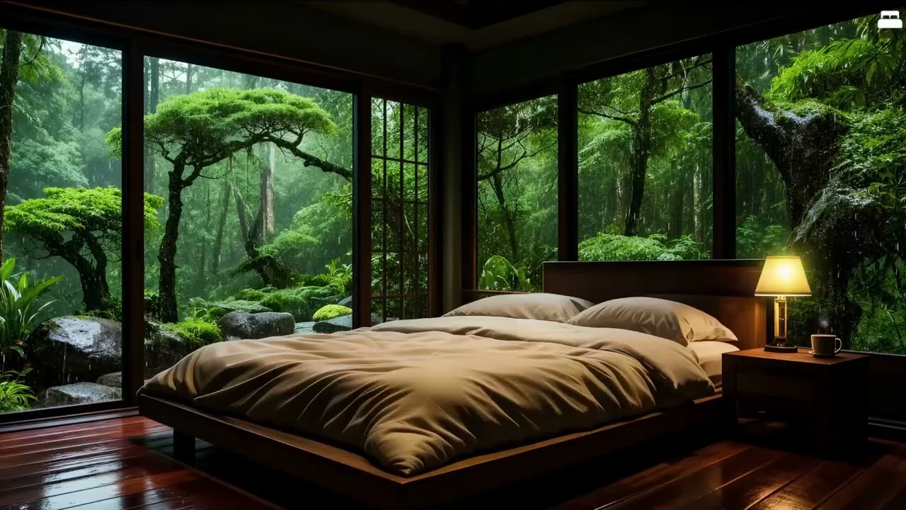 Cozy Rain Ambience 🌧️Japanese Garden View Bedroom | Rain Sounds for Study, Sleep, and Anxiety Relief
