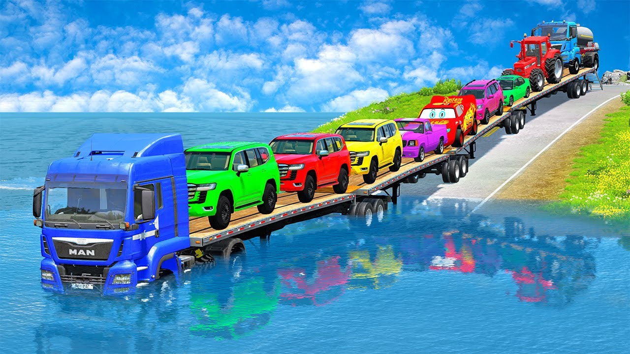 Flatbed Truck McQueen | Transportation with Truck - Pothole vs Car #65| BeamNG.Drive Gameplay