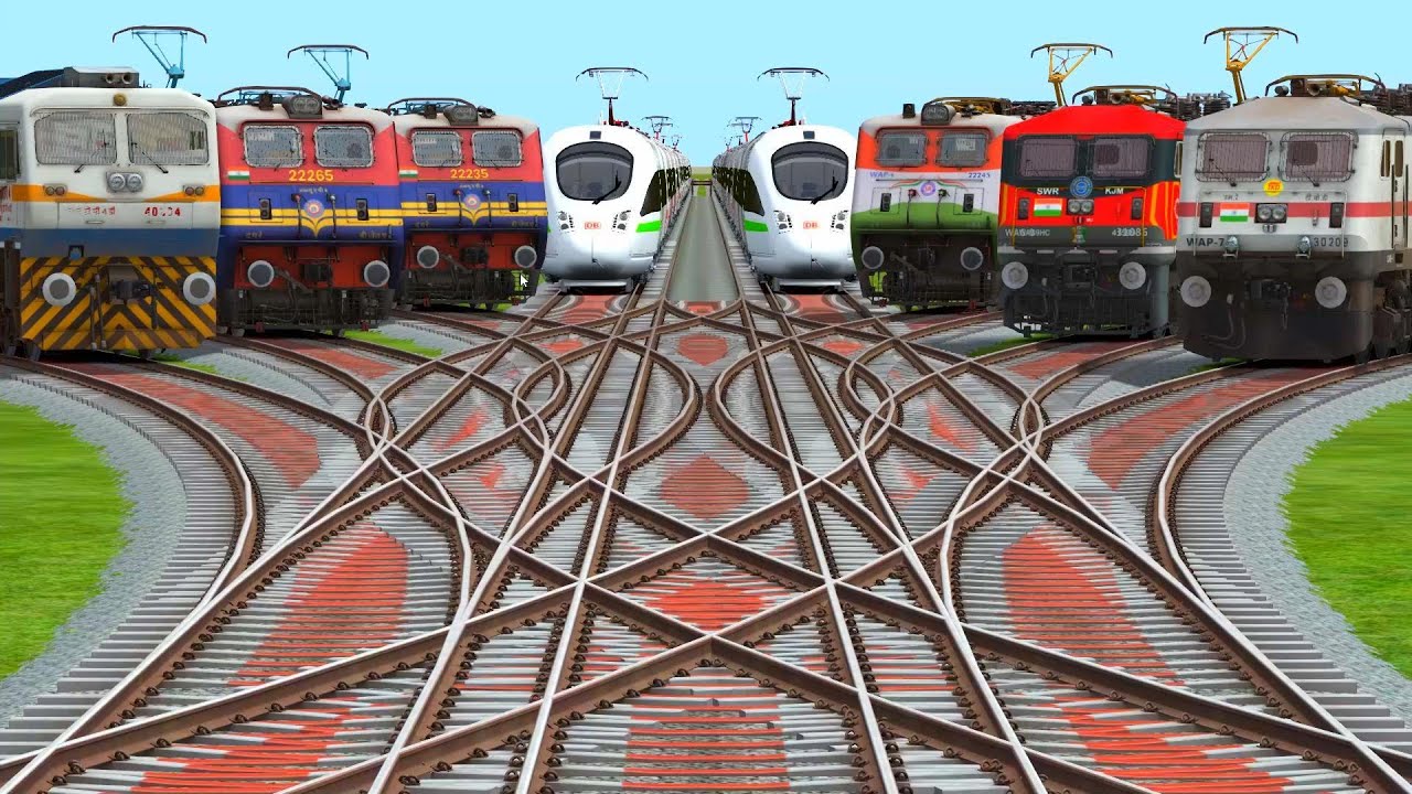 All Realistic Trains Run💚 At Diesel Bumpy Curves Railroad Tracks | diesel engine vs electric engine