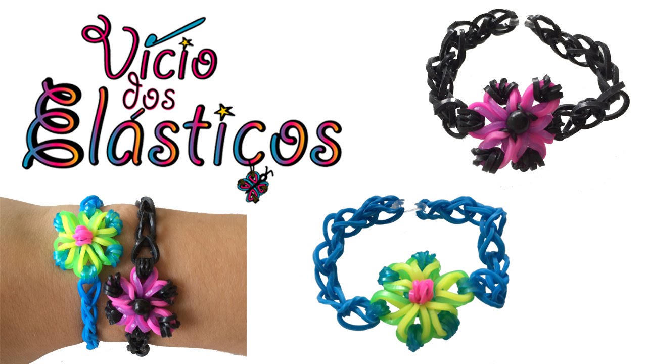 Como fazer Pulseira de Elásticos com uma flor (sem tear) - Rainbow Loom