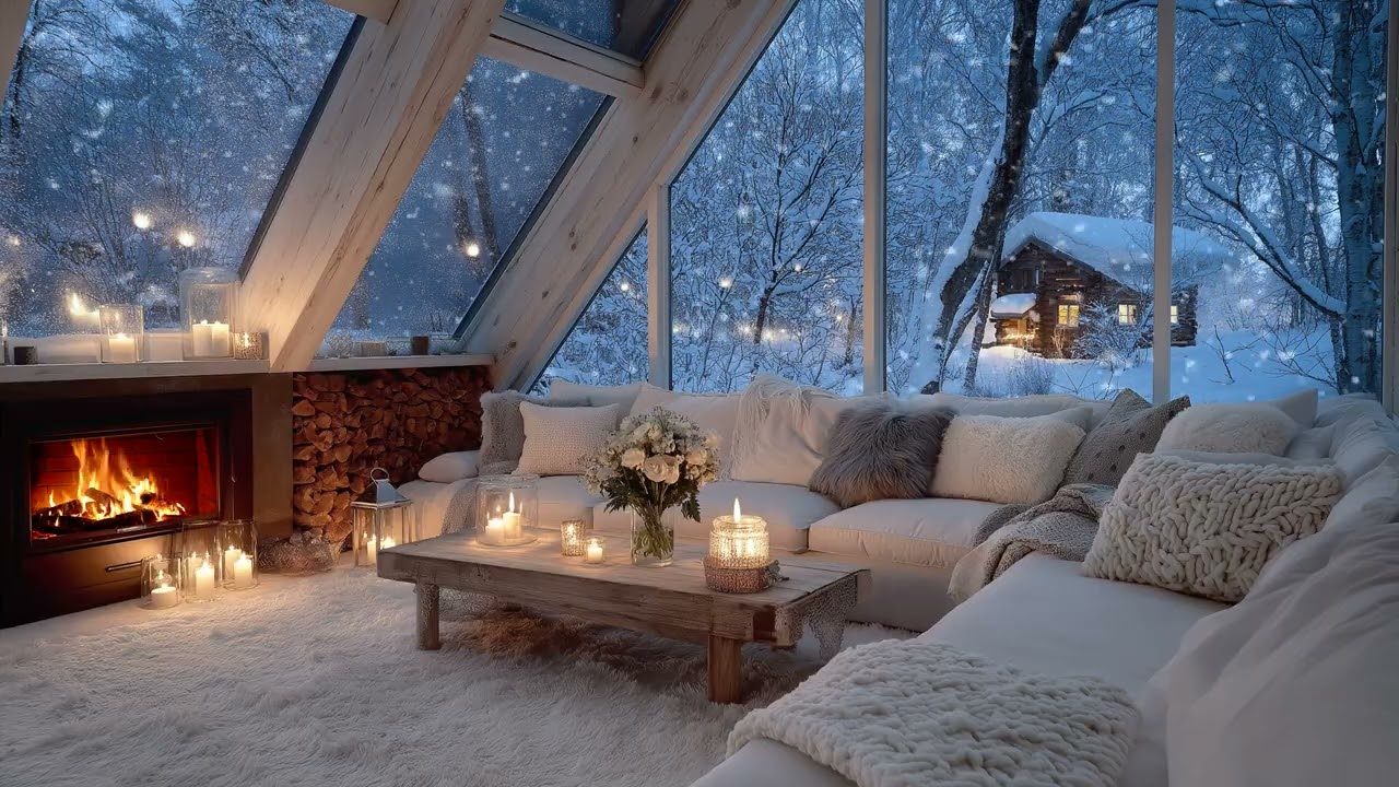 🌺🎹 Winter Piano Lounge with Snowfall Outside & Cozy Fire Inside for Focus, Study & Deep Relaxation
