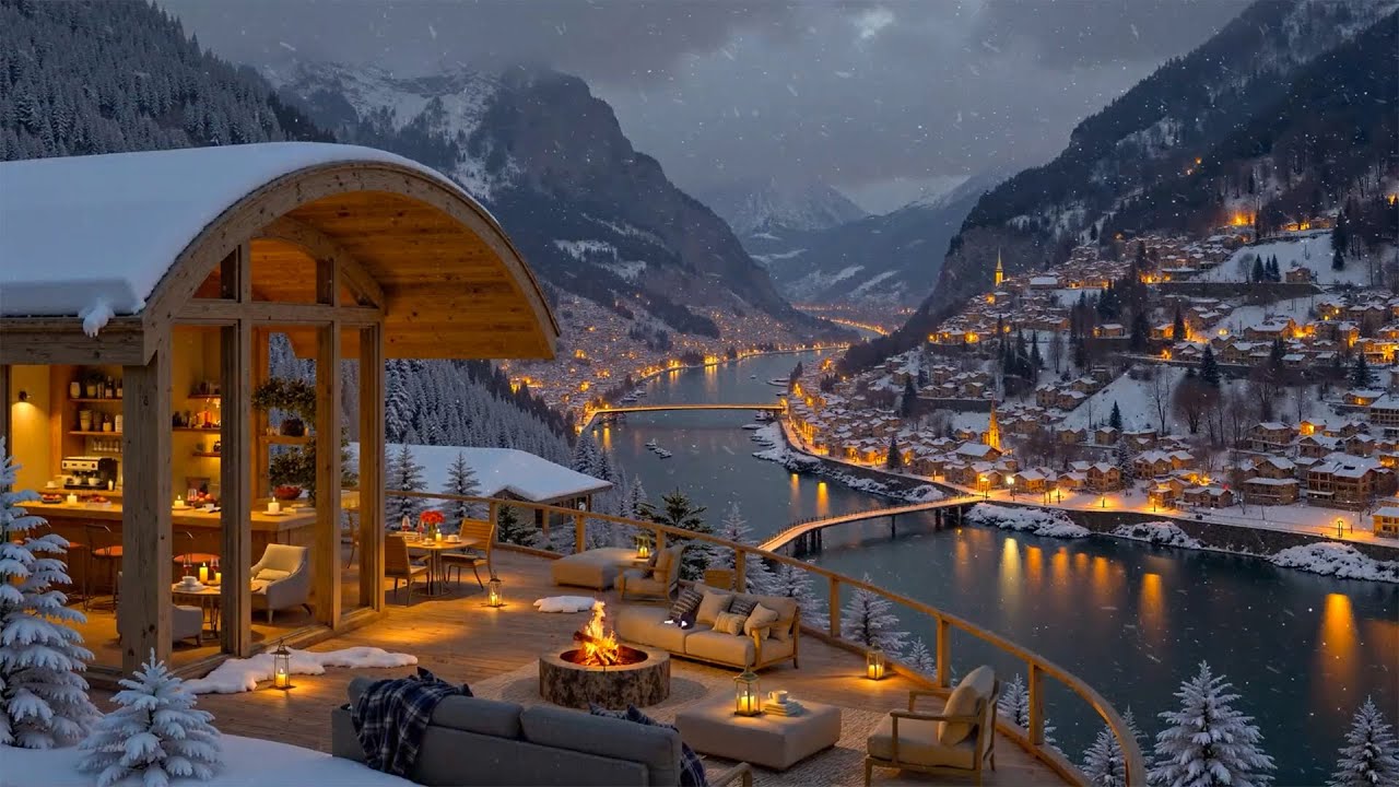 Relaxing Night Jazz at a Snowy River Café | Cozy Winter Jazz by the Fireplace for Relaxation & Rest☕