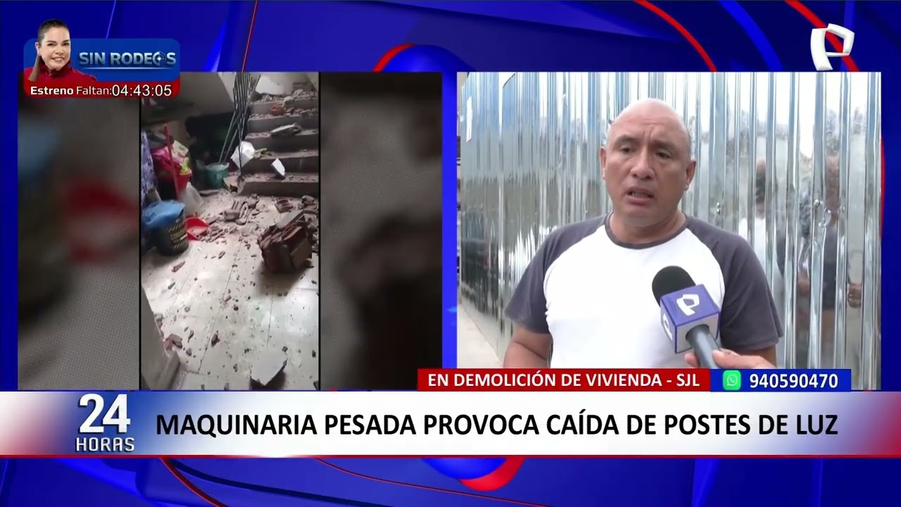 Maquinaria pesada provoca caída de postes de alumbrado eléctrico durante una demolición en SJL
