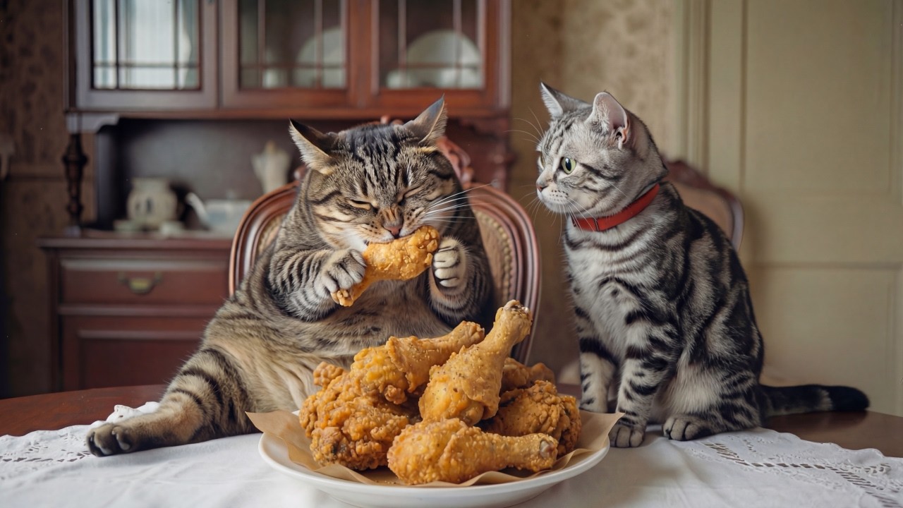 ボス猫の「はじめてのフライドチキン」ハイカラな家猫アメリカンショートヘア現るッ…！