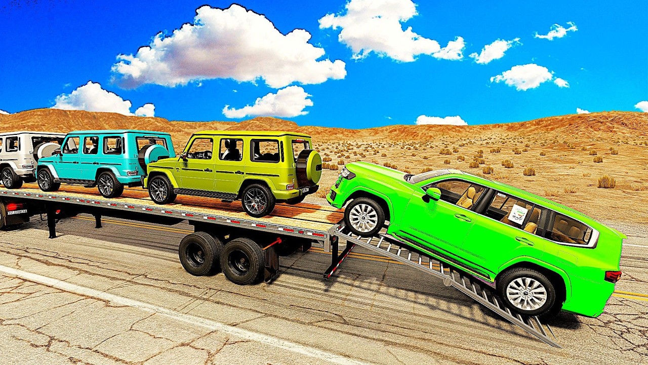 Four Trucks Transporting cars with Flatbed Trailers | Cars vs Speedbump vs Train vs Pothole #000