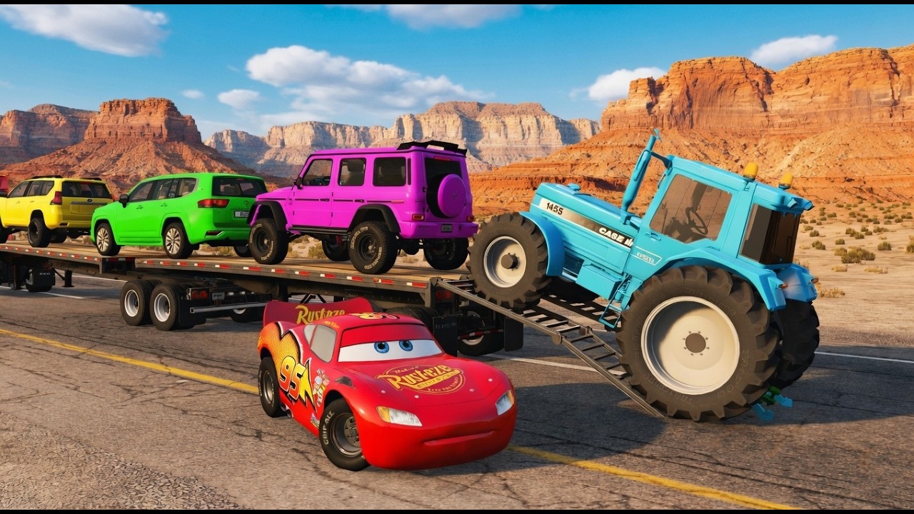 Flatbed Trailer McQueen Transportation with Truck - Speedbumps vs Cars vs Train - BeamNG.Drive