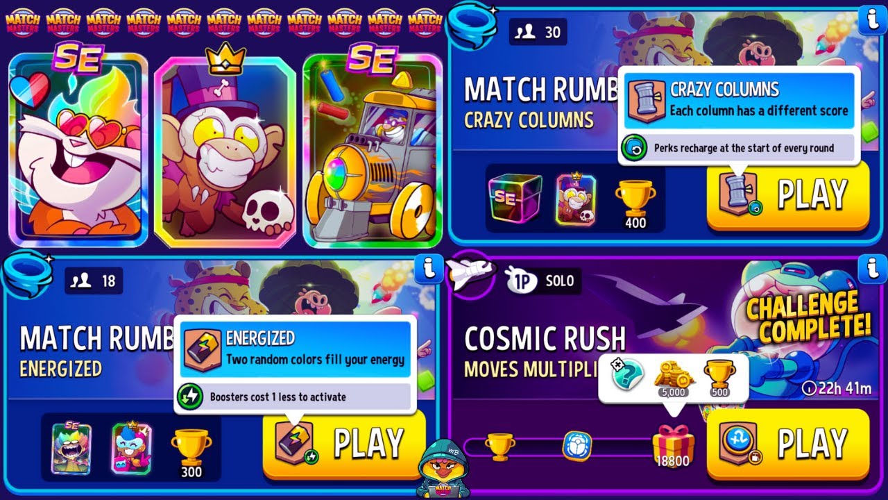 Moves Multiplier Cosmic Rush 18800p/ 30 players Rumble Crazy Columns/ 18 players Rumble Energized