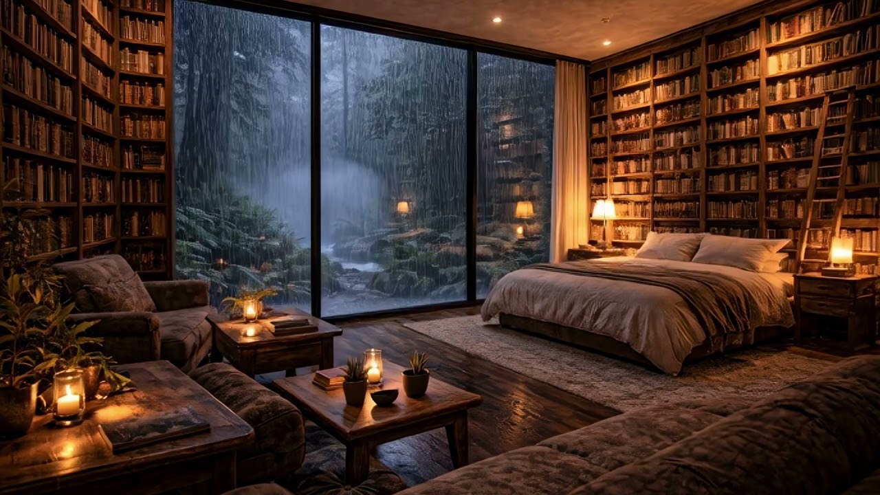 Cozy Forest Cabin Library 🌧️ Rain on Window & Fireplace Sounds for Deep Sleep ASMR Ambience