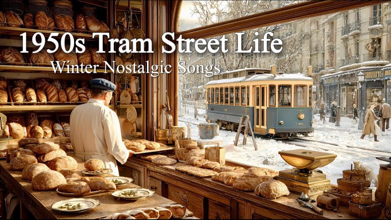 1950s Winter Tram Stroll – Street Life | Nostalgic Vintage Songs