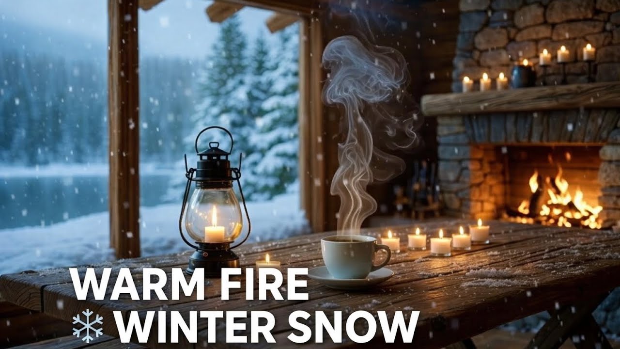 Cozy Winter Farmhouse by the Lake | Crackling Fire, Falling Snow & Cold Wind Ambience (4K)