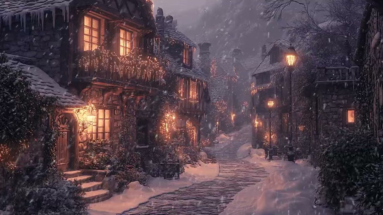 Midnight Snowfall in a Small Village Under a Dark Winter Sky