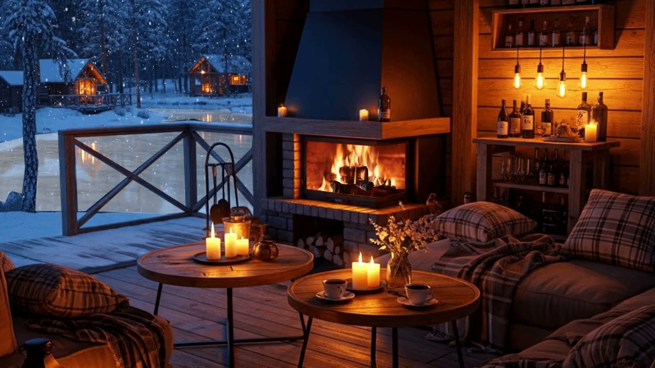 Cozy Lakeview Café in Winter | Soft Jazz Instrumentals and Fireplace Mood