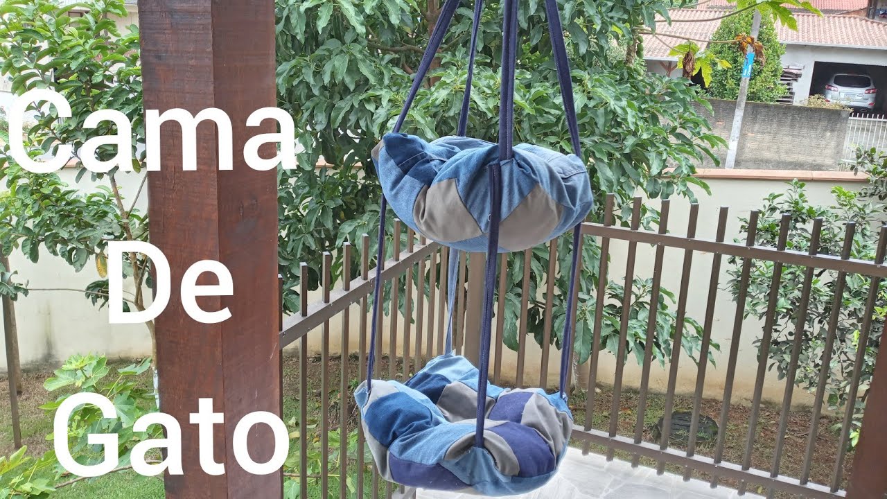 Cama de gato suspensa,  com Jeans velhos, passo à passo.