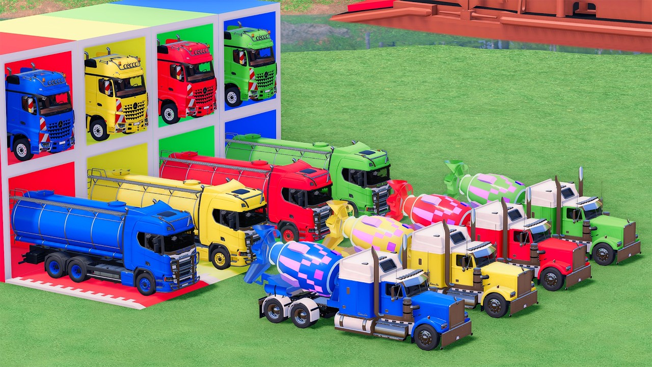 Trucks With COLORS - WESTERN STAR MIXER TRUCK and SCANIA TANKER TRUCK with FLATBED TRAILER TRUCK