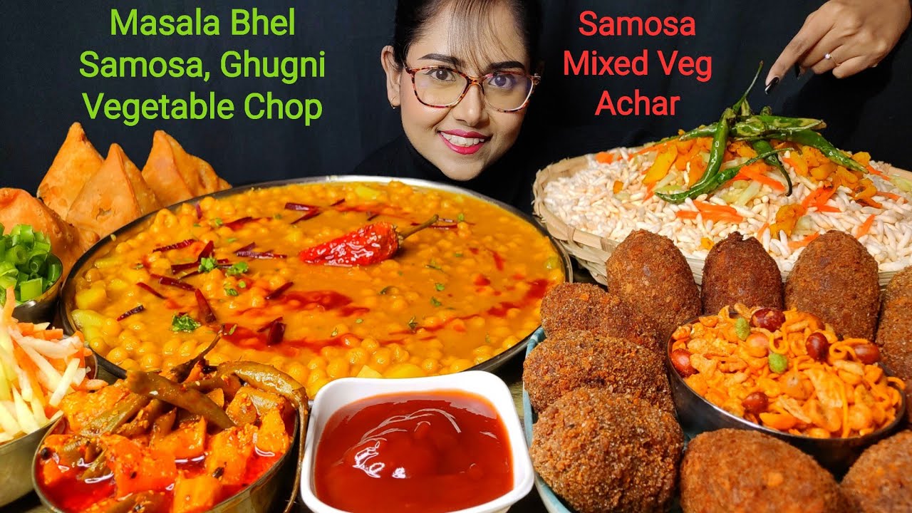Eating Vegetable Chop, Ghugni, Achar, Masala Bhel, Samosa | Big bites | Asmr Eating | Mukbang