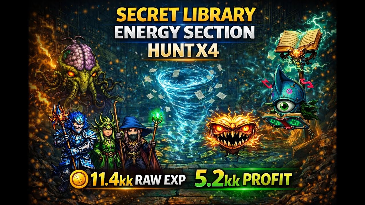 [800+ Monk] Team Hunt x4 – Secret Library Energy Section | 11.4kk Raw Exp, 5.2kk Profit