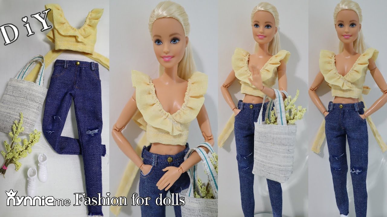 DIY How to make Jeans, Crop top & Tote bag for Barbie | nynnie me