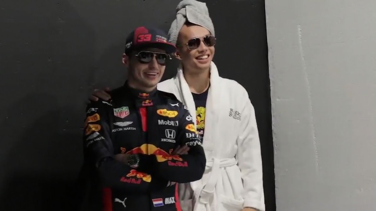 Albon arrives to Red Bull photoshoot in a bathrobe