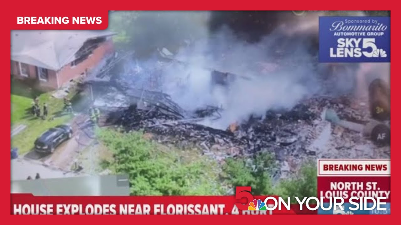 Drone footage - Home explosion, fires in Florissant, Missouri