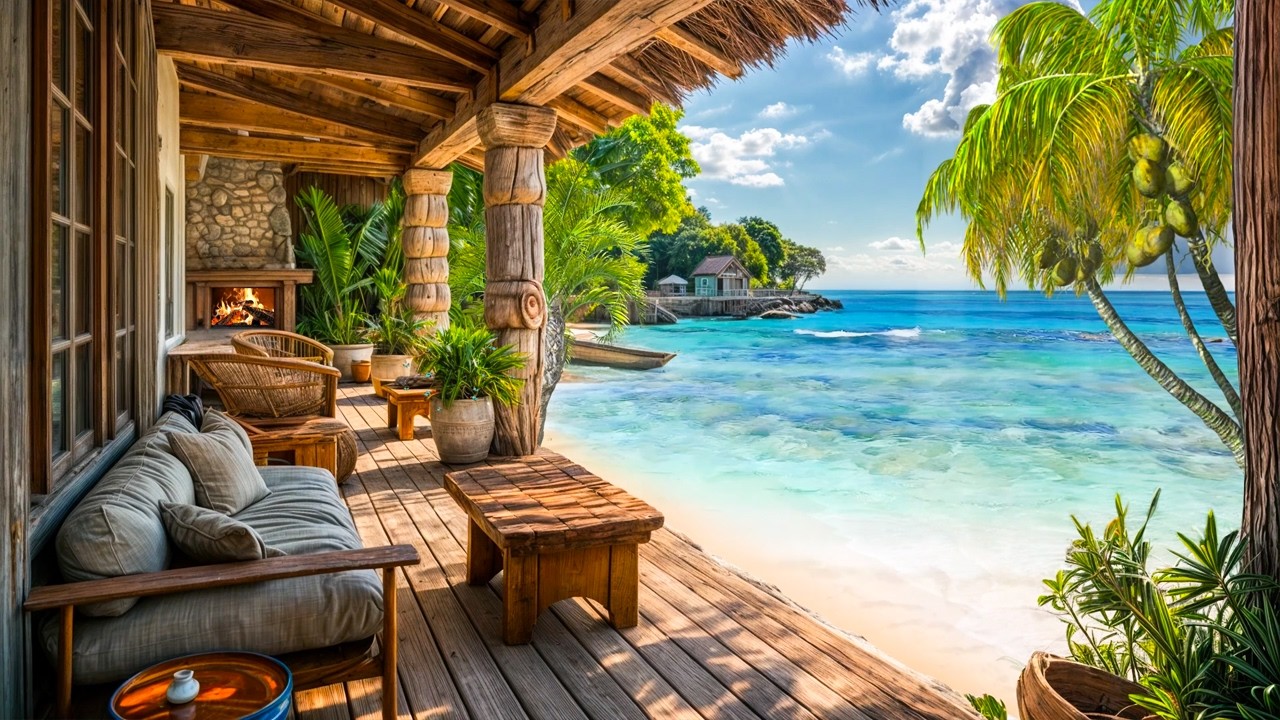 Tropical Beachfront Morning 🌅 Gentle Ocean Waves & Cozy Fireplace for Sunrise Relaxation & Healing