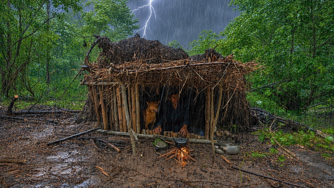 EXTREME SURVIVAL CAMPING IN HEAVY RAINSTORM DIY BUSHCRAFT CATCH &COOK OUTDOOR LIFE 4K RELAXING VIDEO
