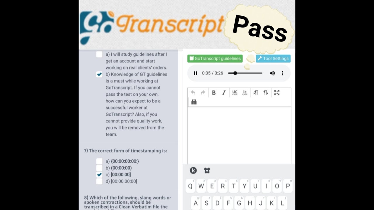 Apply for transcriber position | Transcript Questions All Answers | Test job for transcriber