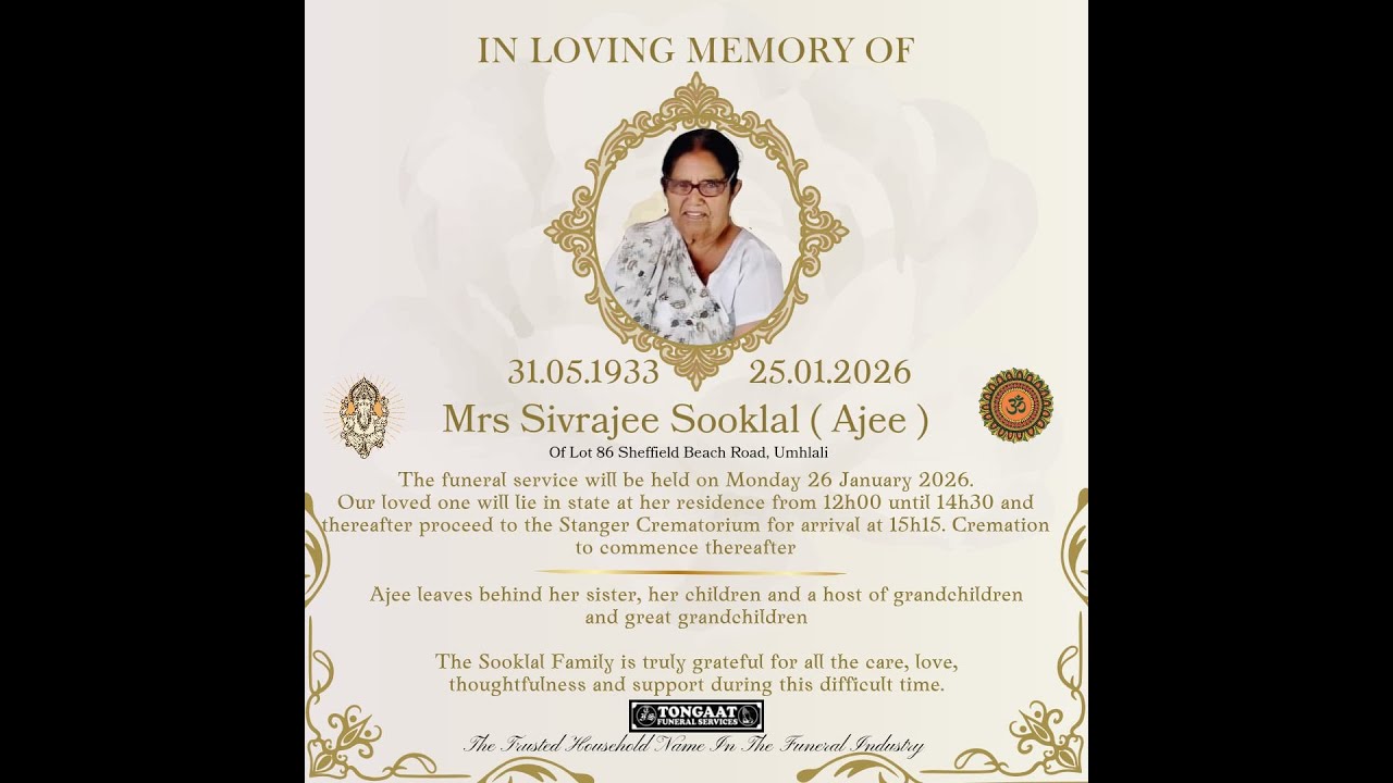 In Loving Memory of Mrs Sivrajee Sooklal(Ajee)