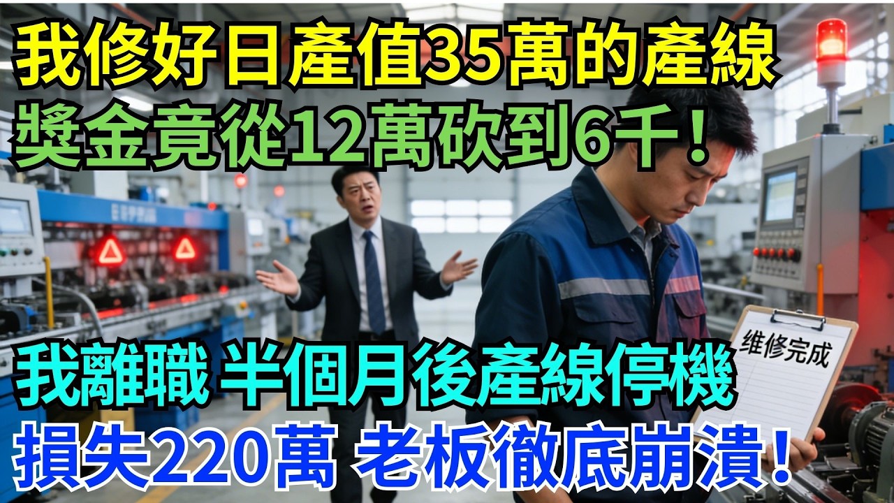 我修復日產值35萬的生產線，獎金竟從12萬砍到6千！我沒說一句話默默離職，兩週後產線全面停擺，公司慘賠220萬…老闆急到崩潰！#為人處世#生活經驗#職場#爽文