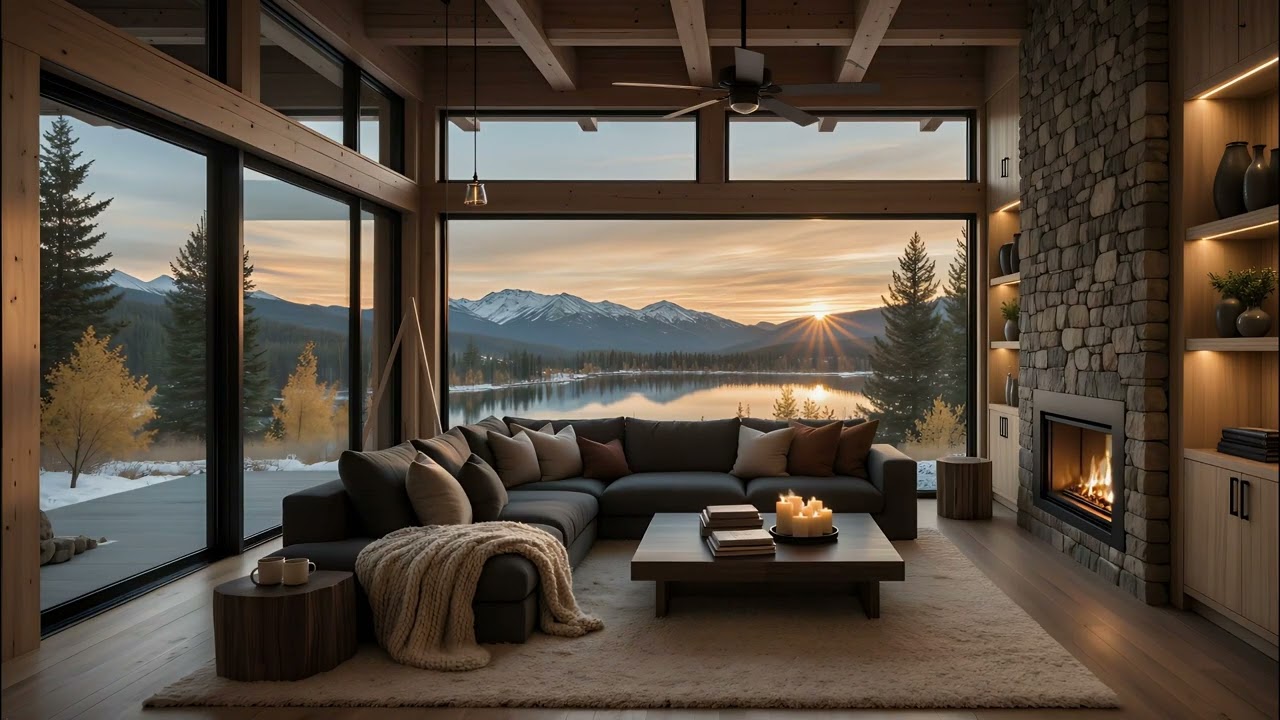Mountain Lake Cabin Sunset 🔥🏔️ | Peaceful Fireplace Ambience for Relaxation