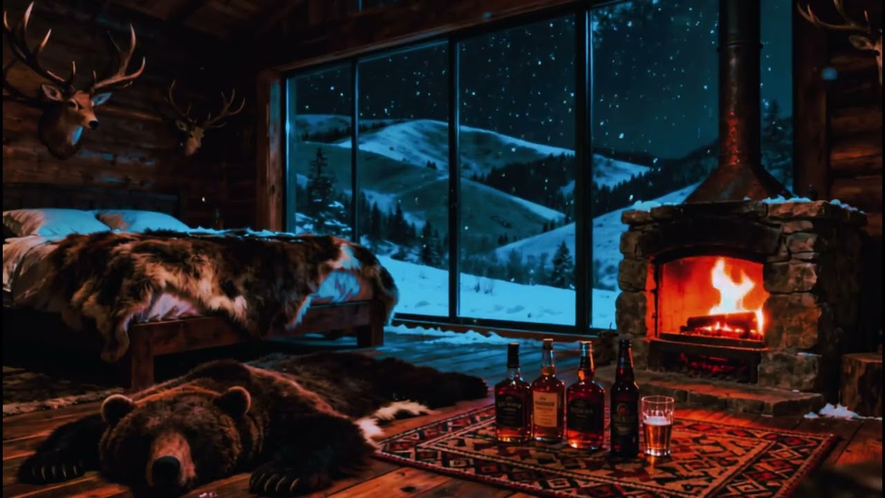 Cozy Winter Cabin Ambience 🔥 Crackling Fireplace & Soft Falling Snow 😴 No Ads Delightful Sound Sleep