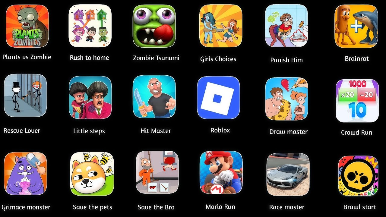 Roblox, Plants vs Zombie, Drawmaster, Mario Run, Save the pets, Little steps, Rescue Lover, Race mas