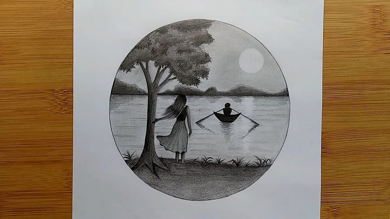 Draw an Alone Girl for beginners | MoonLight Scenery Drawing | Easy Pencil Drawing Inside Circle