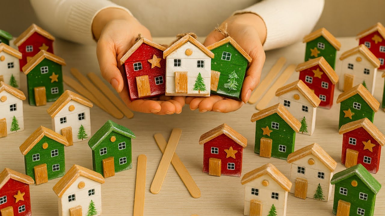 🪄 Turn Popsicle Sticks Into Tiny Christmas Houses! Easy Hanging Ornament 🎄 | Keychain Craft 🏠