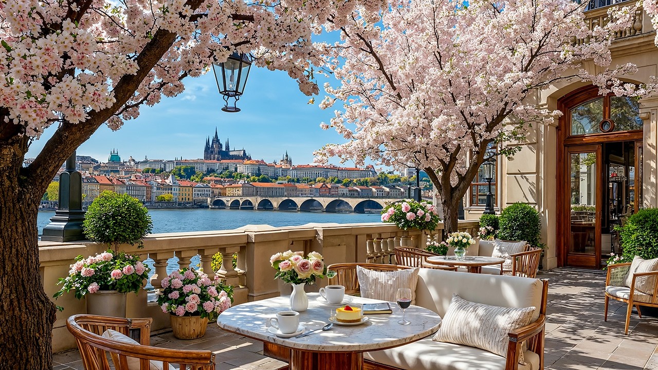 Cherry Blossom Spring Jazz in Prague ☕ Riverside Caf&eacute; Ambience & Smooth Jazz Music for Study & Relax
