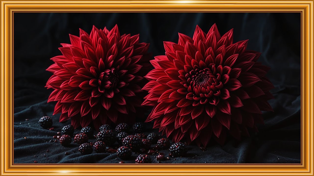 Red Dahlias & Blackberries Still Life | Luxurious Chiaroscuro Art in 4K
